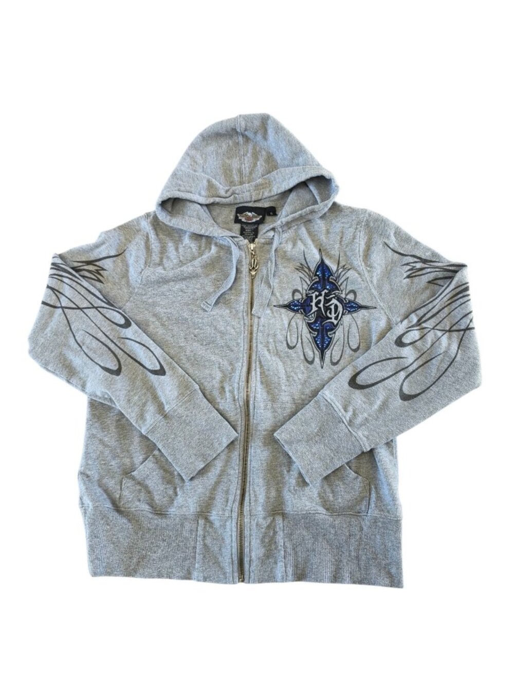 Y2K Harley Davidson Full Zip Hooded Sweatshirt Size XL Gray Tribal Flames